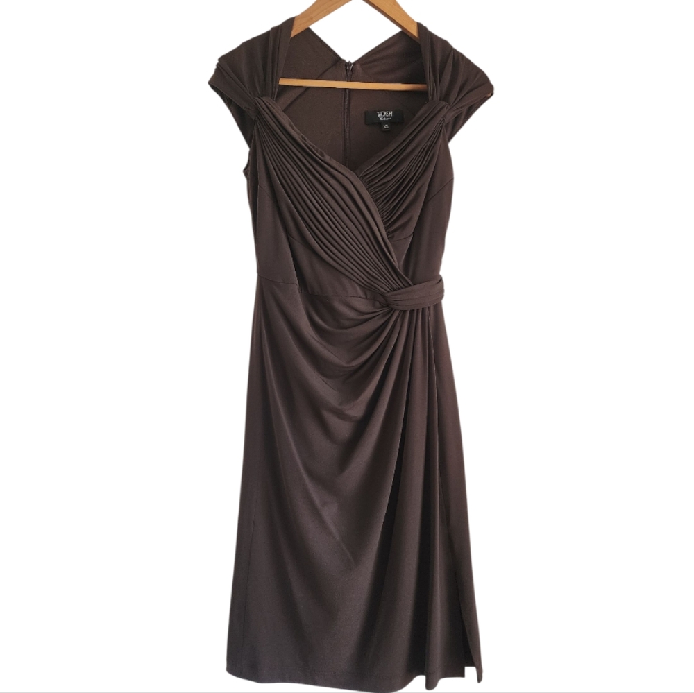 Tadashi Collection Seton Brown Pleated Draped Midi Cocktail Dress‎ Sz XS